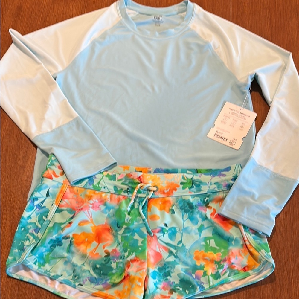 NWT Athleta Girl Long Sleeved Rashguard and NWOT Cannonball swim Shorts Size 16.